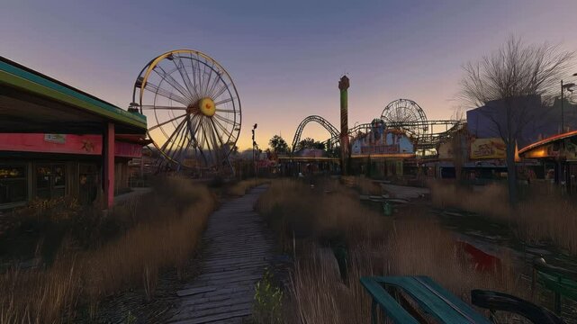 Abandoned Amusement Park at Dusk: A Post-Apocalyptic Scene