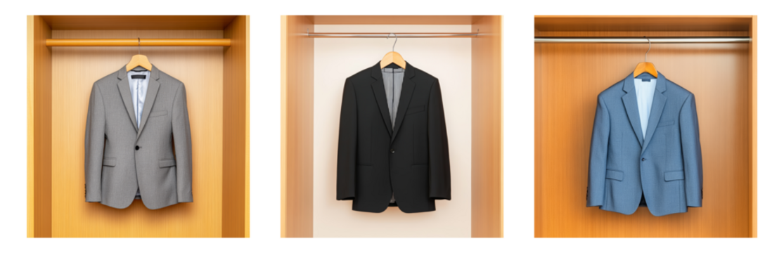 Stylish Suit Jackets in Organized Wooden Closet Isolated on transparent background - Powered by Adobe