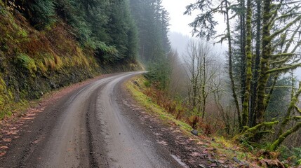 Fototapeta premium A curving dirt road winds through a verdant forest landscape