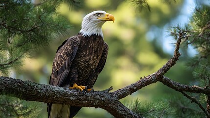 Obraz premium Majestic Bald Eagle Perched on Tree Branch - Wildlife Photography