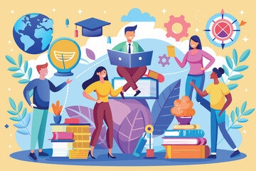 A diverse group engages in collaborative learning amid books and educational symbols, People develop knowledge,