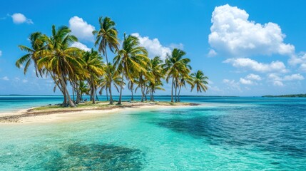 Obraz premium Stunning Tropical Island Paradise: Palm Trees, Azure Waters, and White Sands