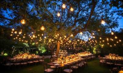 Fototapeta premium Evening outdoor celebration with string lights.