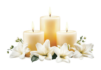 Elegant candle arrangement with white flowers for serene ambiance in home decor, cut out