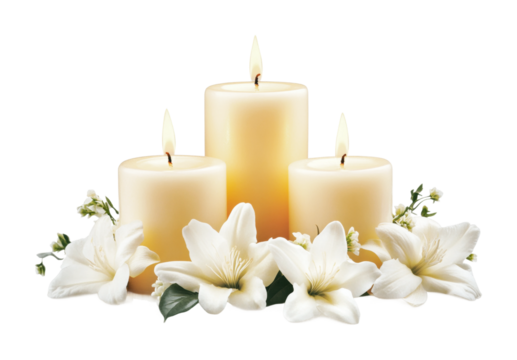 Elegant candle arrangement with white flowers for serene ambiance in home decor, cut out