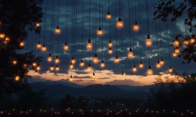 Fototapeta premium Hanging lights illuminate sunset mountain landscape scene.