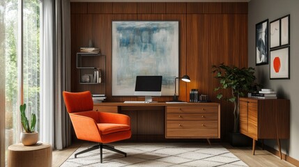 This vibrant home office showcases a fusion of mid-century modern furniture and abstract art. The bright orange chair contrasts elegantly with the rich wood tones and eclectic decor