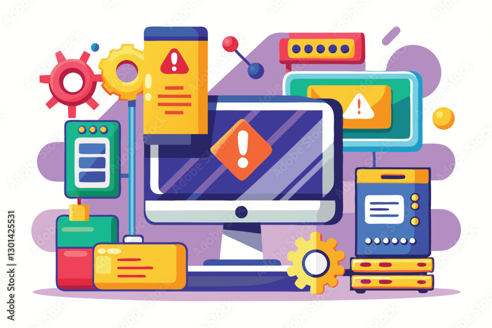 Poster A vibrant graphic shows multiple devices displaying an operating system error and warning notifications, Operating system error,