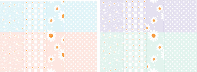 Set of Cute Spring Flower Patterns. Digital Papers. Daisy Floral Seamless Pattern Set on Pastel Color. Pastel Baby Papers, Pastel Flower