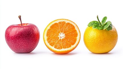 Fresh fruit arrangement on a white background.