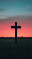 Easter Holiday, Easter Concept, Silhouette Cross at Sunset Peaceful Field Spiritual Symbol Hope Faith