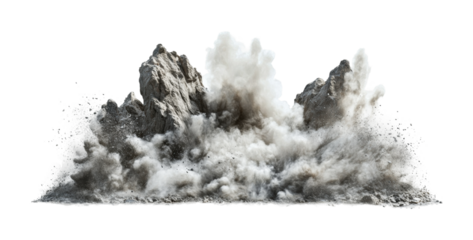 Powerful explosion with dust and debris rising above rocky terrain creating an impactful visual effect, cut out