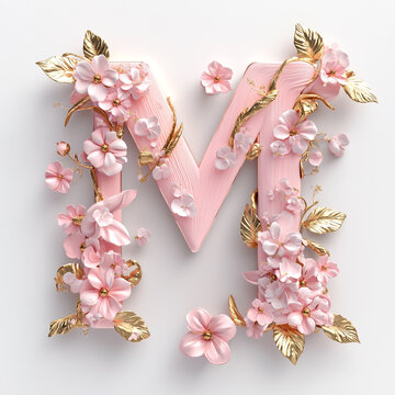 Logo design featuring floral lettering of the letters M and V with pink flowers and gold leaves,