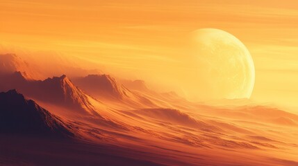 Obraz premium A scenic landscape featuring a distant planet and mountainous terrain