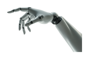 Futuristic robotic hand reaching out towards the viewer showcasing advanced technology and design for innovation and robotics, cut out
