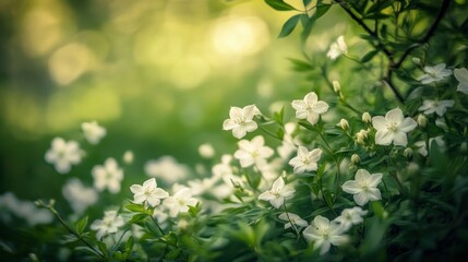 Beautiful white flowering plants and green leaves in soft light