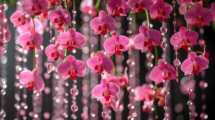 Stunning Display of Pink Orchids with Shimmering Beads Capturing Nature's Delicate Beauty