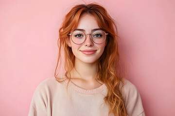 Fototapeta premium Young caucasian woman isolated on pink background With glasses with happy expression