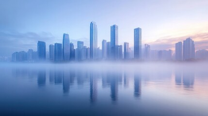 Fototapeta premium Tall buildings reflecting on tranquil water during a misty day
