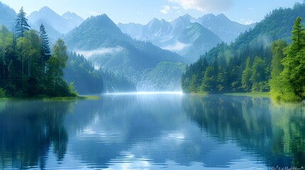 Naklejka premium Serene Mountain Landscape with Reflections in a Tranquil Lake Surrounded by Lush Greenery