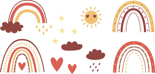 A decorative set of rainbow elements with sun, clouds, hearts and stars in warm pastel colors. Minimalistic children's style