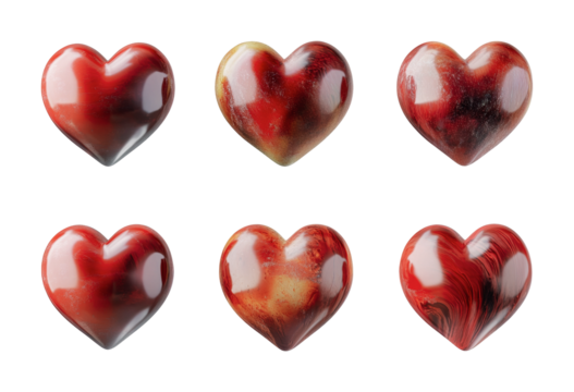Unique red hearts collection showcasing various shapes and textures for creative designs or decorative purposes, cut out