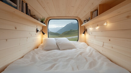 Camper van bedroom with wooden interior and mountain view