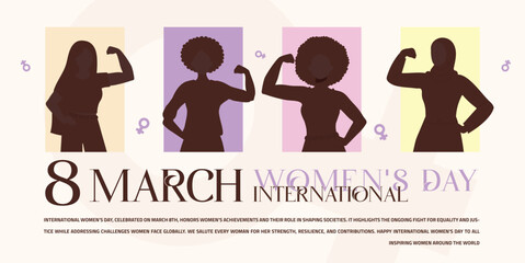 March 8 Women’s Day Banner & Post: Celebrate 4 strong females in a captivating design. A tribute to all women. Ideal for social media & versatile projects. #March8 #WomensDay