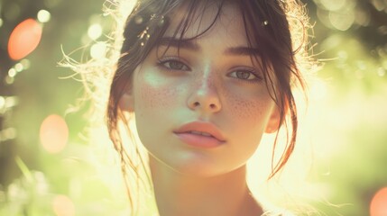 Fototapeta premium A beautiful young woman looks directly into the camera with freckles