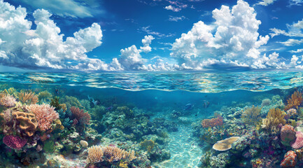 Obraz premium Panoramic view of the beautiful coral reef with clouds above and below,