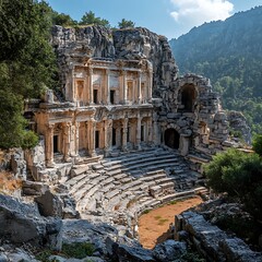 Ancient theater ruins in mountain forest