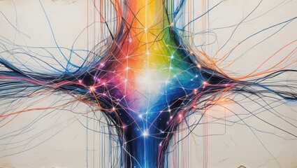 Colorful light strands emerge. Network of connected glowing points on colorful painted background. Abstract illustration shows energy and connection.