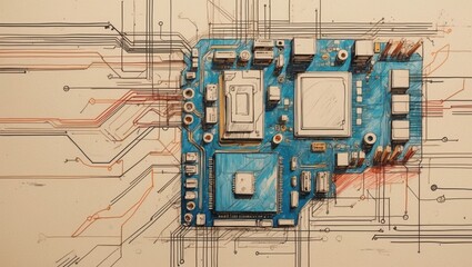 Blue circuit board illustration. Tech drawing shows electronic parts with cables and lines on light background. Sketch style image.