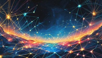Obraz premium Dark blue space with glowing orange connections. Lines link bright points on a dark background, creating networks across abstract landscape.