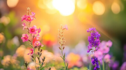 Fototapeta premium Beautiful pink and purple flowers with bright sunlight background