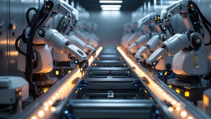 Fototapeta premium White robot arms work above conveyor belt. Orange lights glow near machinery in factory setting. Automated system on industrial line.