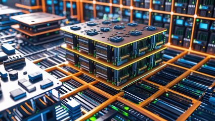 Electronic Boards stacked in orange frame. Circuit boards structure with blue chips and green lights in data center.
