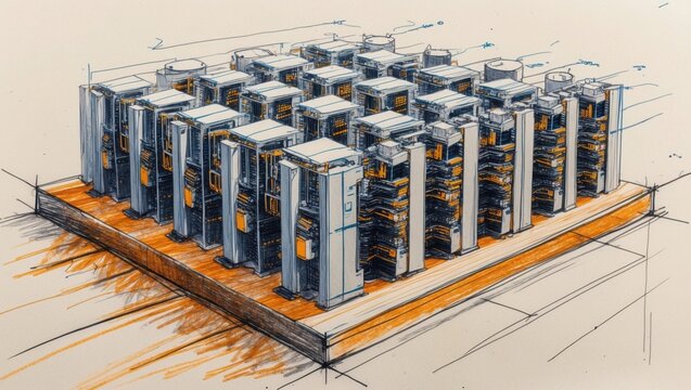 Sketch of server rack room. Data center servers shown on wooden base with orange and white colors. Computer cluster illustration in line art style.