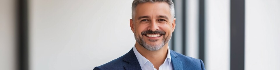 Obraz premium A man in a blue suit is smiling and posing for a picture. Concept of confidence and professionalism, as the man is dressed in a business suit and he is in a work environment