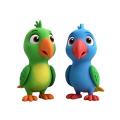 Fototapeta premium Two birds, one green and one blue, are standing next to each other