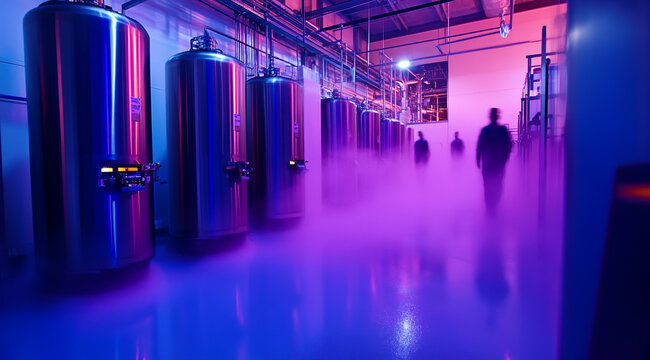 Photo of a cryogenic facility with large liquid nitrogen tanks, purple and blue lighting, misty air inside the room