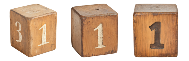Vintage Wooden Blocks with Numbers Three One One Isolated on transparent background