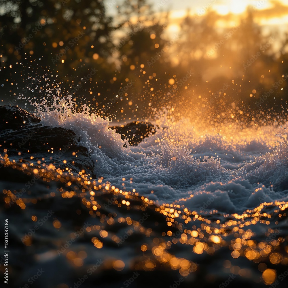 Poster a captivating sunset over the ocean, with the sun casting a golden hue over the waves crashing again