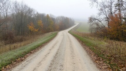A winding rural road through trees on a foggy autumn day