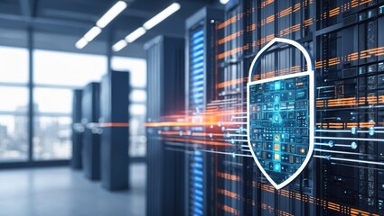 Obraz premium Server room with blue light and digital shield. Data center with orange stripes and connection lines. Digital interface shows information inside protective shape.