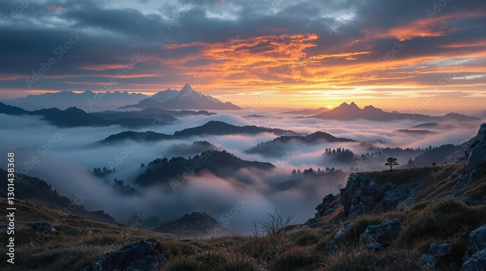 Poster a breathtaking panoramic view of a mountain range enveloped in mist, with the sun casting a golden h