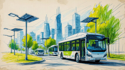 City buses ride on street, hand-drawn sketch illustration. White bus, blue buildings, trees, street lamps with solar panels. Clean energy concept.