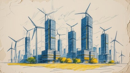 Obraz premium City buildings and windmills sketch. Blue buildings with yellow details, windmills and trees on white background in drawn style.