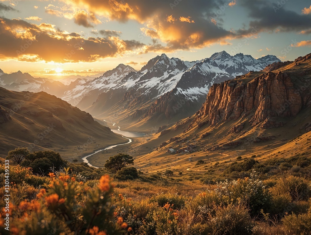 Poster a breathtaking panoramic view of a mountain range bathed in the golden hues of a setting or rising s