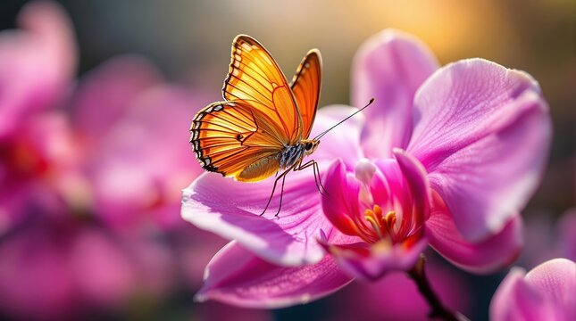 A vibrant orange and black butterfly perched atop a pink flower, set against a blurred background.